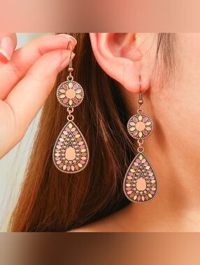 Bohemian Peach & Pink Teardrop Dangle Earrings